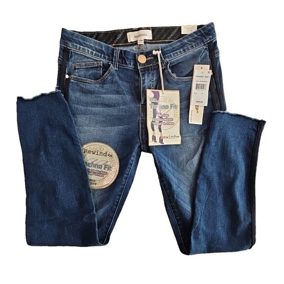 Rewind Jeans Women's Size 7/28W (28x27) Black Racing Stripe Dark Blue RP2243ZGEH - Picture 5 of 16